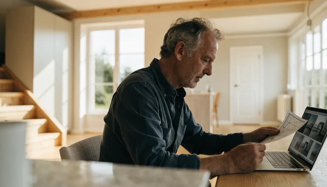 Projectleider van een installatiebedrijf vergelijkt in een bijna opgeleverde woning een installatietekening met foto's van het leidingwerk op zijn laptop