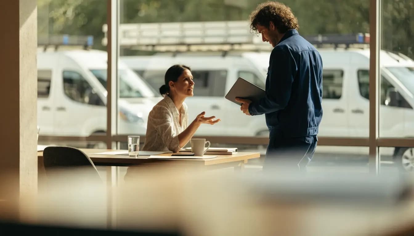 Planner van een installatiebedrijf bespreekt de dagplanning met een servicemonteur met tablet, met bedrijfsbusjes buiten het raam